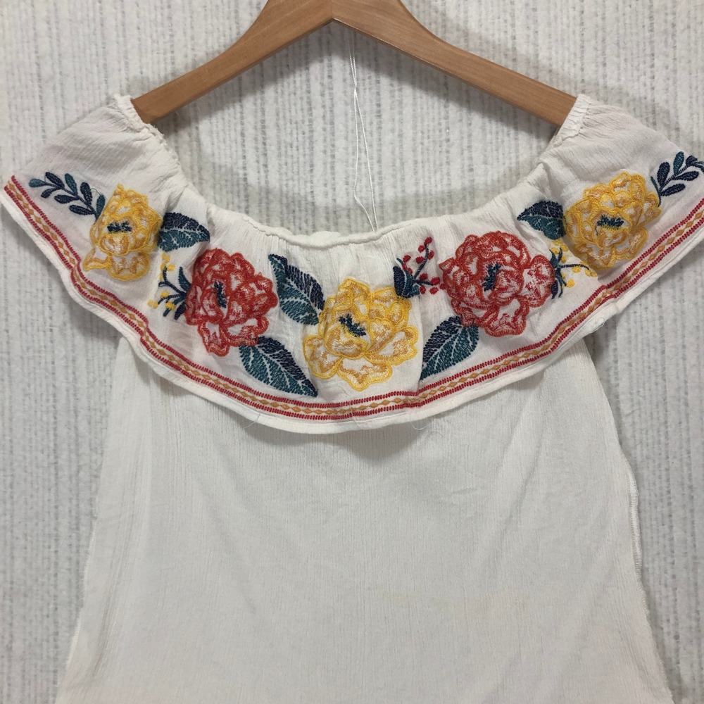 Embroidered Off Shoulder Top Floral Peasant Blouse Ruffle White Boho